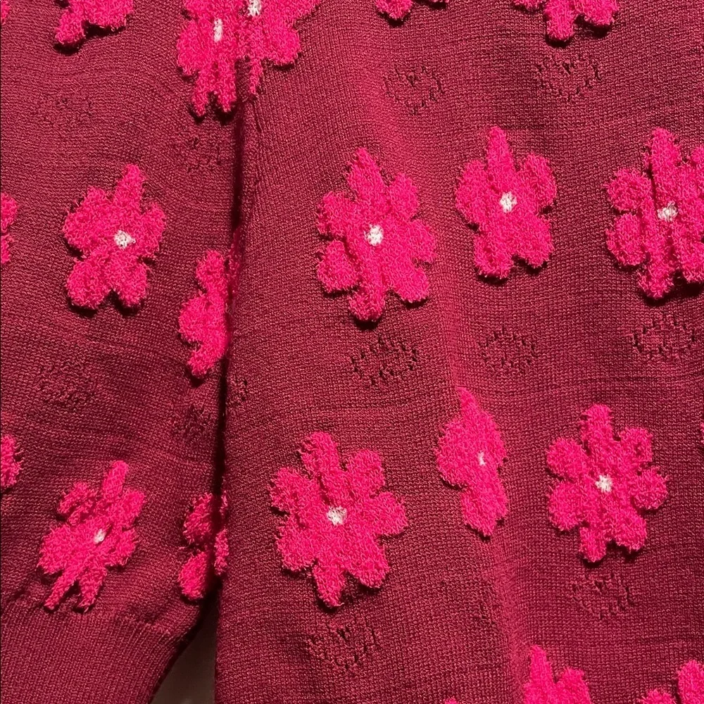 Kate Spade NY Mainline Marker Maroon with Pink Floral Puff Design Sweater - Picture 5 of 11